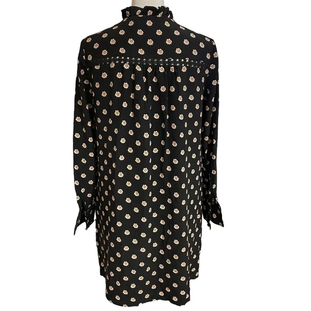 Kate Spade Ditsy Floral Pintuck Pleats Daisy Crochet Trim Popover Silk Black XS